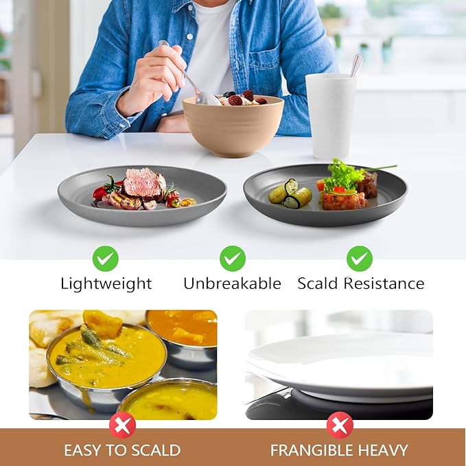 Teivio 32-Piece Kitchen Plastic Wheat Straw Dinnerware Set, Service for 8, Unbreakable Plates, Bowls and Cups Set, Farmhouse Outdoor Camping Dishes for Rustic Life/Country/Vintage, Country