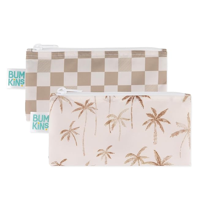 Bumkins Reusable Snack Bags, for Kids School Lunch and for Adults Portion, Washable Fabric, Waterproof Cloth Zip Bag, Supplies Travel Pouch, Food-Safe Storage, 2-pk Palm Trees, Check