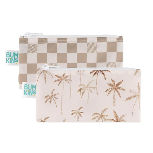 Bumkins Reusable Snack Bags, for Kids School Lunch and for Adults Portion, Washable Fabric, Waterproof Cloth Zip Bag, Supplies Travel Pouch, Food-Safe Storage, 2-pk Palm Trees, Check