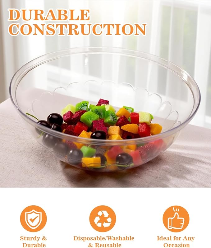 BESTVIP 4 Pack 150 Ounce Clear Plastic Serving Bowls, Disposable 11.6" Party Bowls for Chips/Salad/Candy/Snacks, Stackable Buffet Containers for Christmas, Holiday, Weddings, Showers/Events, Reusable