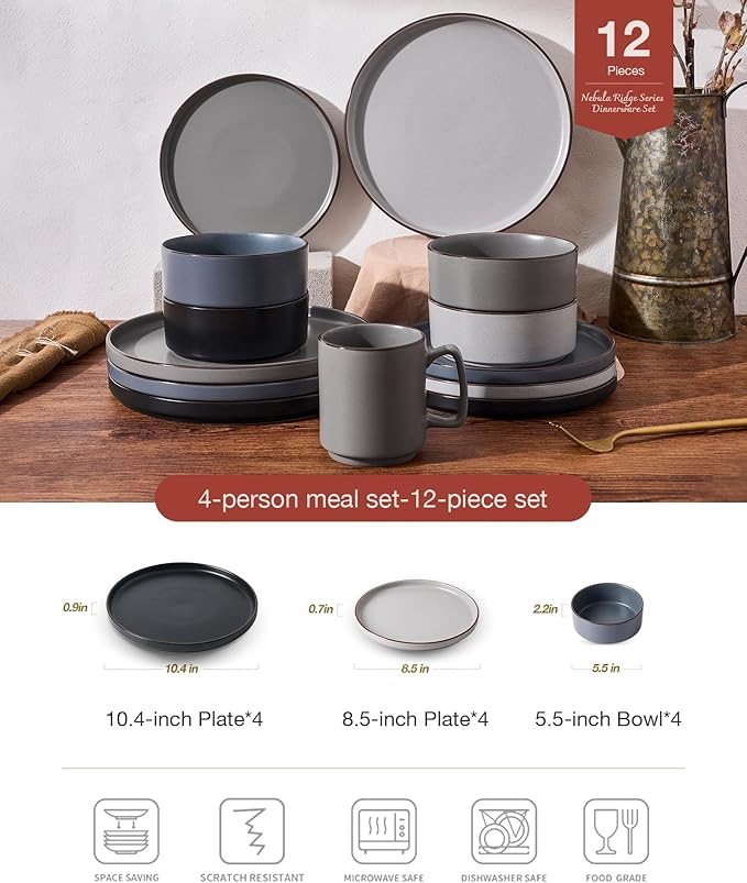 Famiware Nebula Ridge Stoneware Dinnerware Sets, Plates and Bowls Sets for 4, 12 Pieces Dishes Set, Microwave and Dishwasher Safe Kitchen Plates, Multi-color