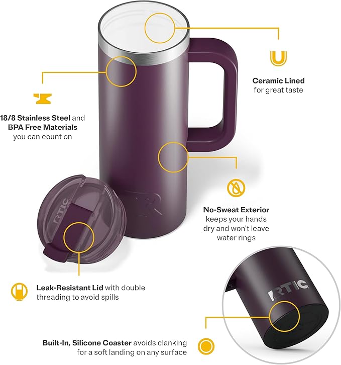 RTIC 20oz Road Trip Travel Mug with Lid and Handle, Ceramic Lined, Insulated, Stainless Steel, Metal, Double Wall Vacuum-Insulation, Portable Coffee, Tea Cup for Hot and Cold Drink, Plum