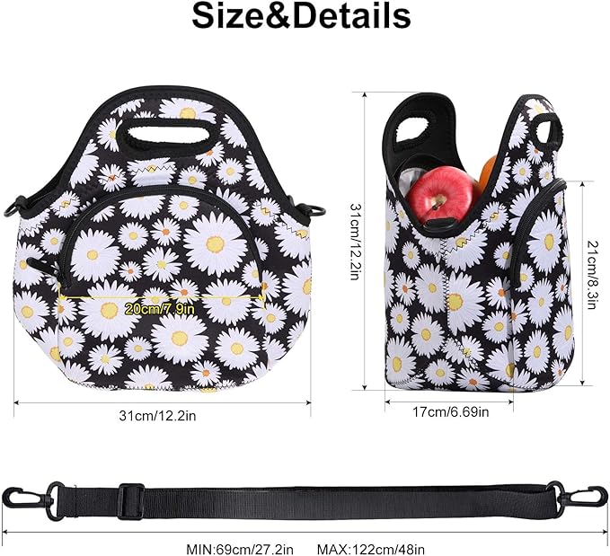 CILLA Neoprene Lunch Bag for Women Insulated Lunch Tote Bags Washable Lunch Container Box Picnic Lightweight Meal Prep Bags(White daisy+)