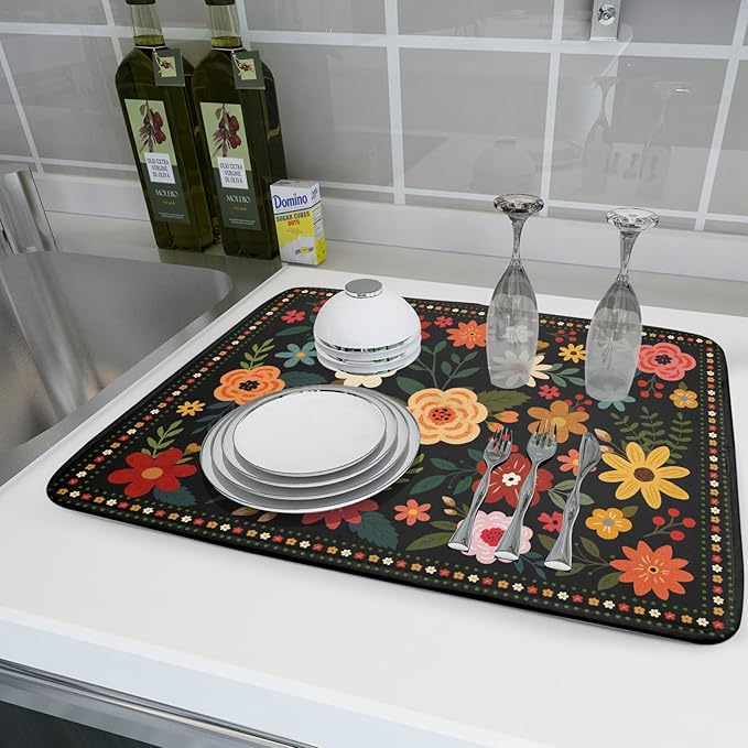 Boho Floral Dish Drying Mat 18x24 Inch Colorful Flower Dishes Dry Mats Absorbent Washable Drainer Rack Pad Protective Kitchen Counter Decor