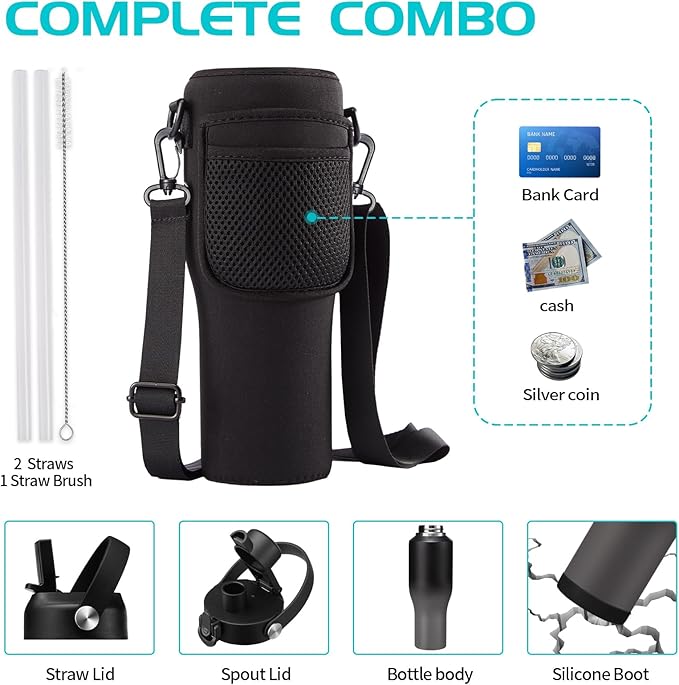 40oz Insulated Water Bottle with Straw - Auto Spout Lid, Protective Boot, Carrier Pouch, Vacuum Stainless Steel Water Bottles Leak-proof, Skinny Thermo Mug Flask Fit in Car Bike Cup Holder