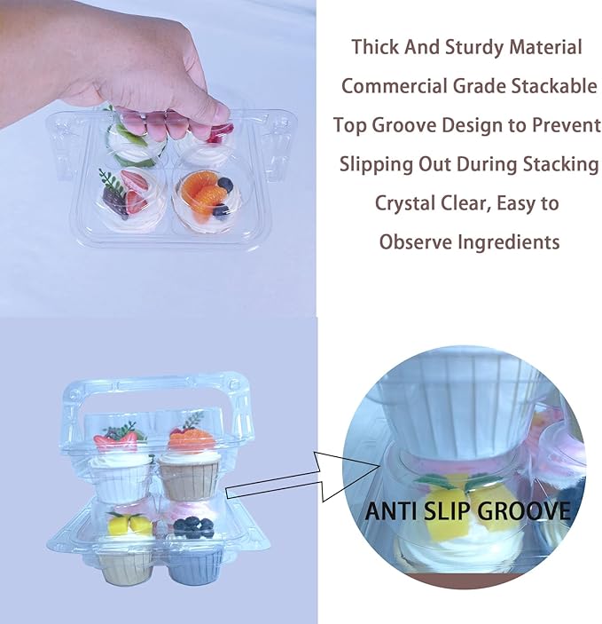 60 Pack of 4-Chamber Handheld Transparent Muffin Container, Disposable Plastic Cupcake Container With Lid, Cake Rack