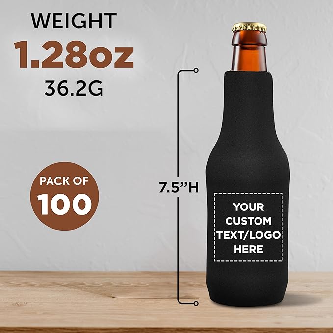 100 Neoprene Zippered Beer Bottle Coolies Pack - Customizable Text, Logo - Sharkskin Rubber Bottom - Black