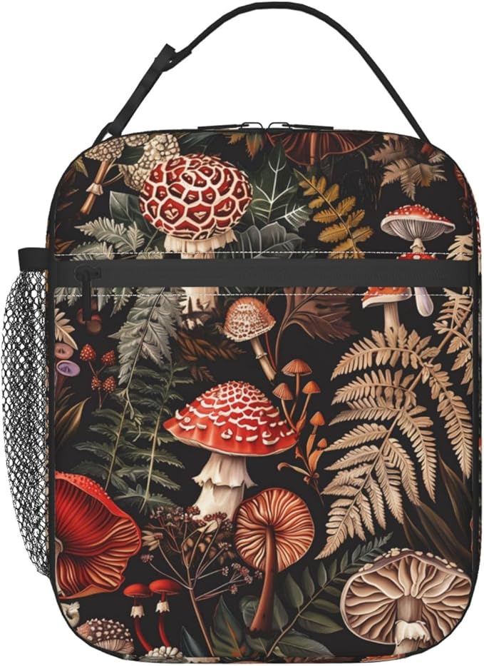 Reusable Mushroom Lunch Box for Kids Girls Boys Women Adult, Insulated Vintage Fern Lunch Bag,Polyester Cooler Retro Handbags Case for School Picnic Work Travel Beach or Hiking (Dark)