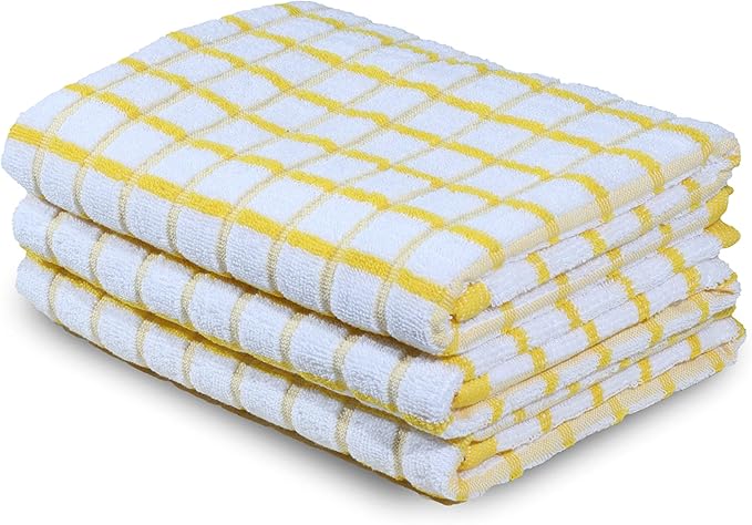 Urban Villa Kitchen Towels Yellow/White Set of 3 Terry Kitchen Towels 100% Cotton Ultra Soft Size 20X30 Inches Highly Absorbent Over Sized KitchenTowels with Hanging Loop KitchenTowels