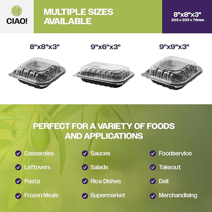 CIAO! 8"x8"x3" Polypropylene Black bottom with Clear Lid Hinged Container 1 Compartment Take Out Container, Microwavable, Recyclable and Reusable, (Case of 150)