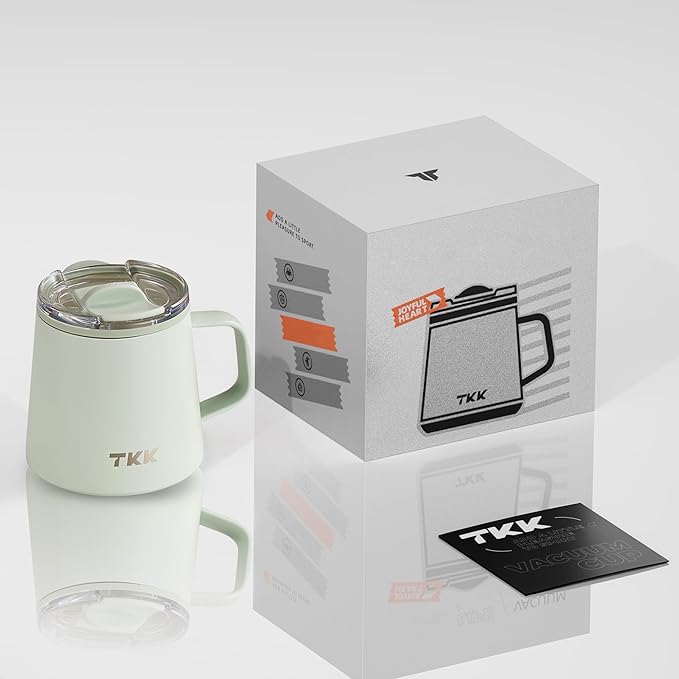 TKK 12 oz Insulated Coffee Mug with Handle Ceramic Coating Detachable Slider Lid Stainless Steel Tumbler Double Wall Vacuum Travel Cup