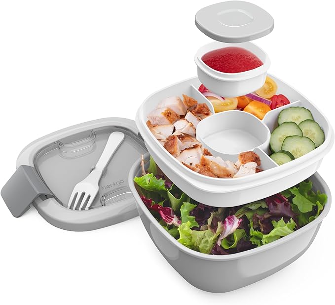 Bentgo Salad Container - 54 oz Bowl with 4-Compartment Toppings Tray, Leak-Proof Dressing Container, Reusable Fork, BPA-Free Lunch Box for Meal Prep & Food Storage; Removable Bento Tray (Gray)