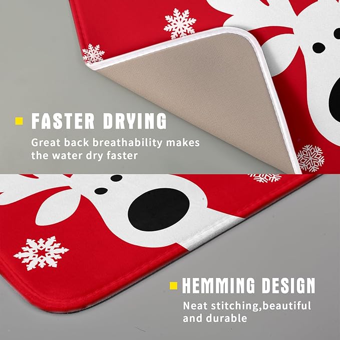Xmas Dish Drying Mat for Kitchen Counter Cute Reindeer Holiday Snowflake Microfiber Absorbent Dish Draining Reusable Washable Foldable 16"x18"