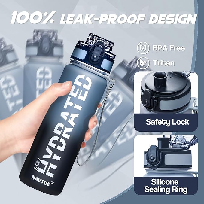 Water Bottle, 16oz Sports Water Bottles with Time Marker Wide Mouth, Motivational and Leakproof Drink Bottle, BPA Free Tritan with Carry Strap for Gym Fitness Outdoor(Direct Drink 1 Bottle)