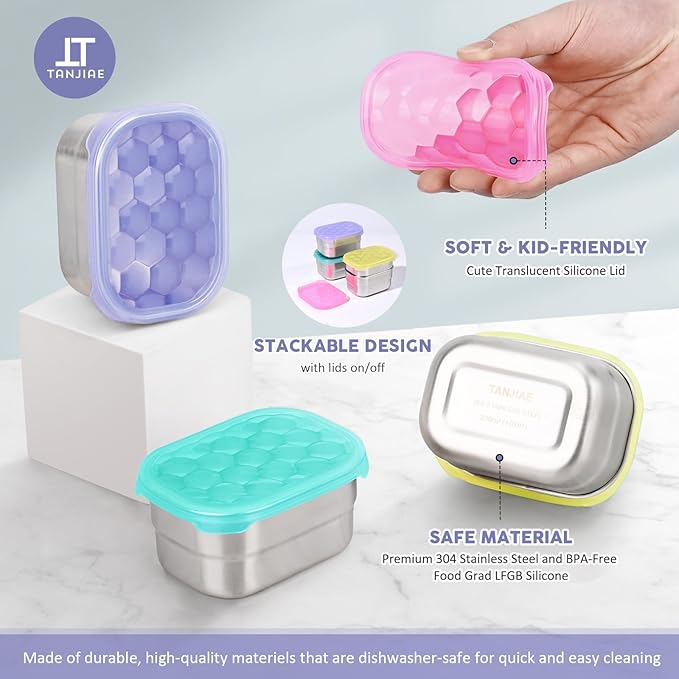 8oz Small (1 CUP) Stainless Steel Snack Containers for Kids and Toddlers (Ages 1-3) | Easy Open Leak Proof Food Containers with Silicone Lids - Perfect Metal Lunch Box for Daycare and School