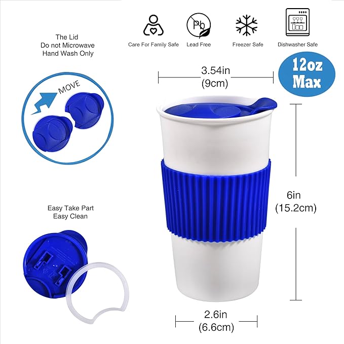 12 oz Travel Coffee Mug, Ceramic Double Wall Insulated Mug No Handle with Splash Resistant Lid & Non-Slip Silicone Sleeve, Travel Must-Have White Coffee Cup, Reusable, Gifts For Women & Men, Blue