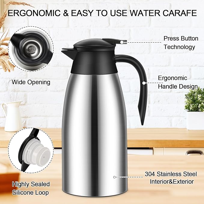 Uiifan 2 Pcs 68oz Thermal Coffee Carafe Insulated Stainless Steel Coffee Carafe for Hot Liquids Double Walled Vacuum Pot Creamer Pitcher Dispenser with Brush for Keeping Milk Tea(Silver, Champagne)