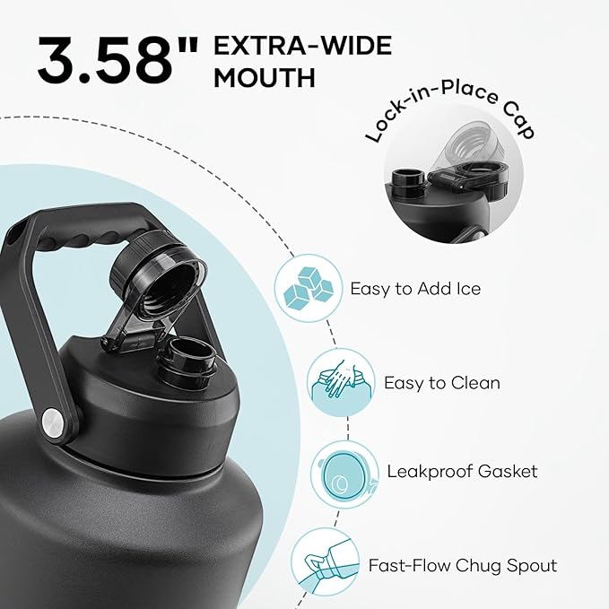 BUZIO 1 Gallon Water Bottle Insulated, (Cold for 48 Hrs) 3.58in Big Wide Mouth Leak Proof, 128oz Large Water Jug Stainless Steel Metal Flask with Handle for Camping,Outdoor Work,Travel,Hiking, Black