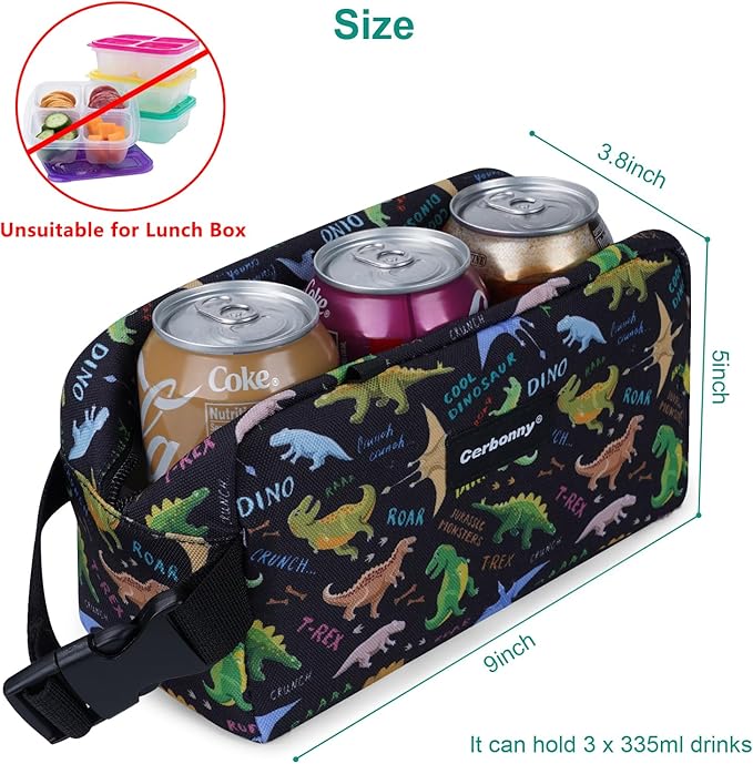 Cerbonny Small Cooler Bag Freezable Lunch Bag for Work School Travel,Small Insulated Bag For Kids/Adults,Freezer Lunch Bags,Mini Lunch Bag Fit For Yogurt,Suit for 3+(black dinosaur)