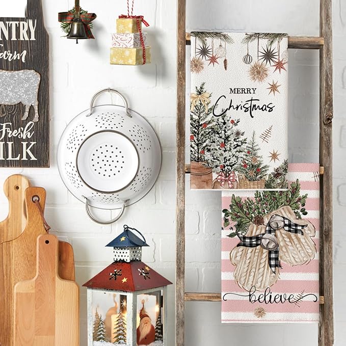 Artoid Mode Pink Xmas Tree Merry Christmas Kitchen Towels Dish Towels, 18x26 Inch Holiday Gloves Ball Hello Winter Decoration Hand Towels Set of 4