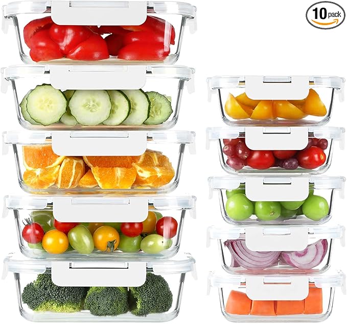 BAYZZ 10 Pack Glass Meal Prep Containers, Glass Food Storage Containers with Lids, Airtight Lunch Box, Freezer,Oven,Microwave and Dishwasher Safe,White