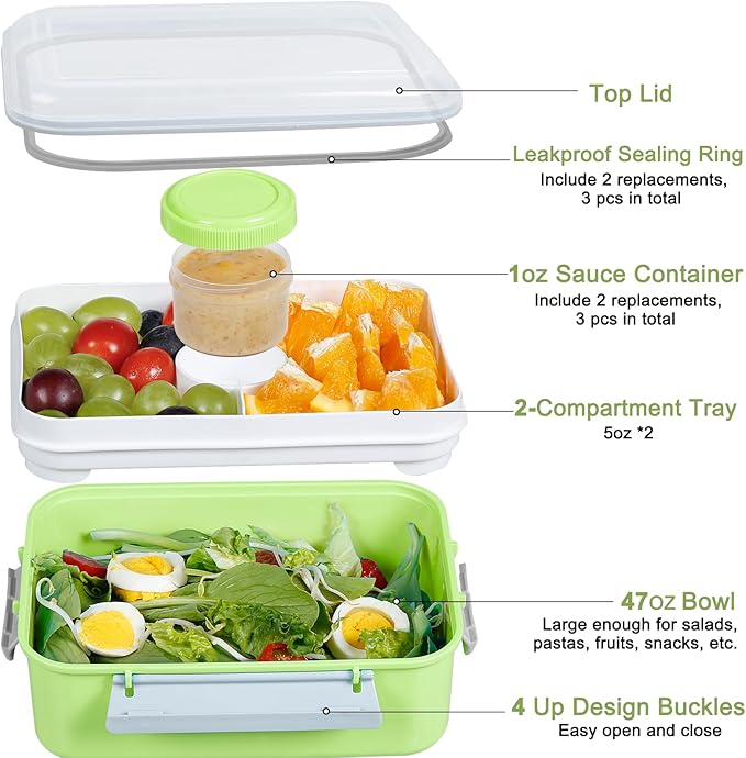 3 Pack Salad Lunch Box Food Storage Containers, 47oz Bento Box To Go Container with Lids, Meal Prep Containers with Removable Tray & Dressing Pots for Kids and Adults, Reusable and Microwavable