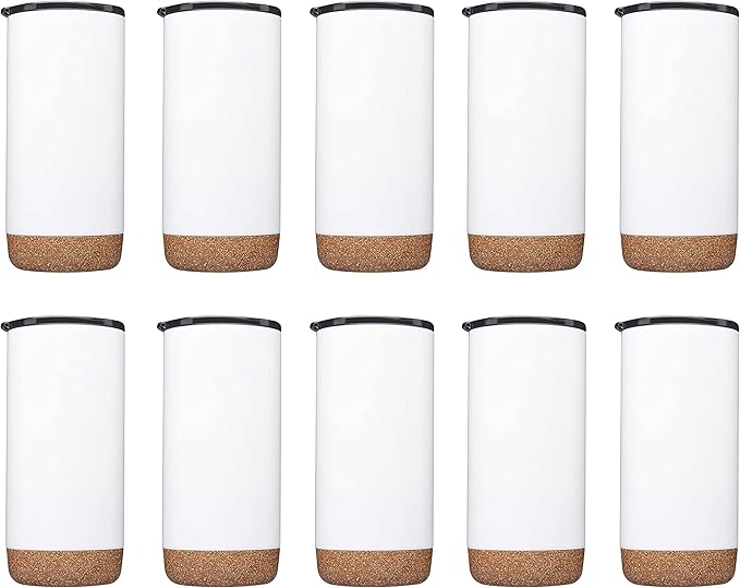 DISCOUNT PROMOS Travel Tumblers with Cork Bottom 16 oz. Set of 10, Bulk Pack - Double Wall Insulated, Matte Finish, Perfect for Iced Coffee, Soda, Other Beverages - White