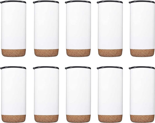 DISCOUNT PROMOS Travel Tumblers with Cork Bottom 16 oz. Set of 10, Bulk Pack - Double Wall Insulated, Matte Finish, Perfect for Iced Coffee, Soda, Other Beverages - White