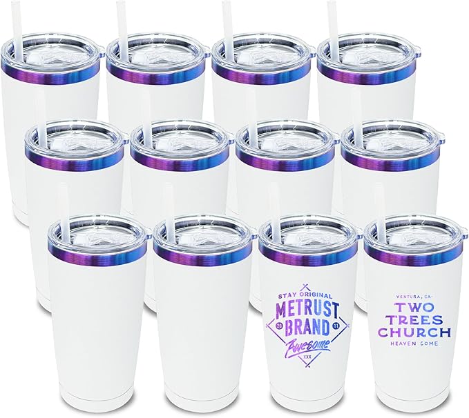 20 oz Tumbler Bulk 12 Pack Stainless Steel Tumblers with Lids and Straws, Double Wall Vacuum Insulated Travel Coffee Mug for Laser Engrave, Powder Coated Cups for Hot and Cold Drinks (White,12 pack)