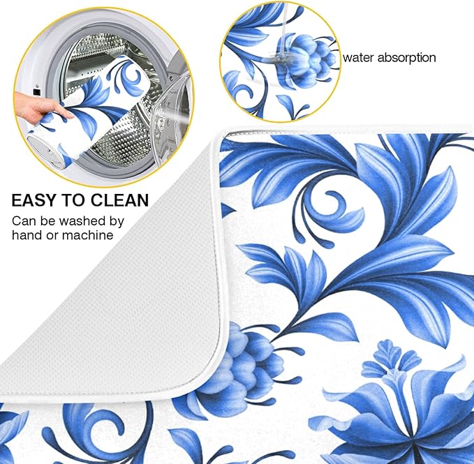 Tarity Blue Flowers White Dish Drying Mat for Kitchen Counter Absorbent Heat Resistant Microfiber Dishes Drainer Mat 18x24 in Large Dish Pad Sink Mat Protective Pad Kitchen Decor