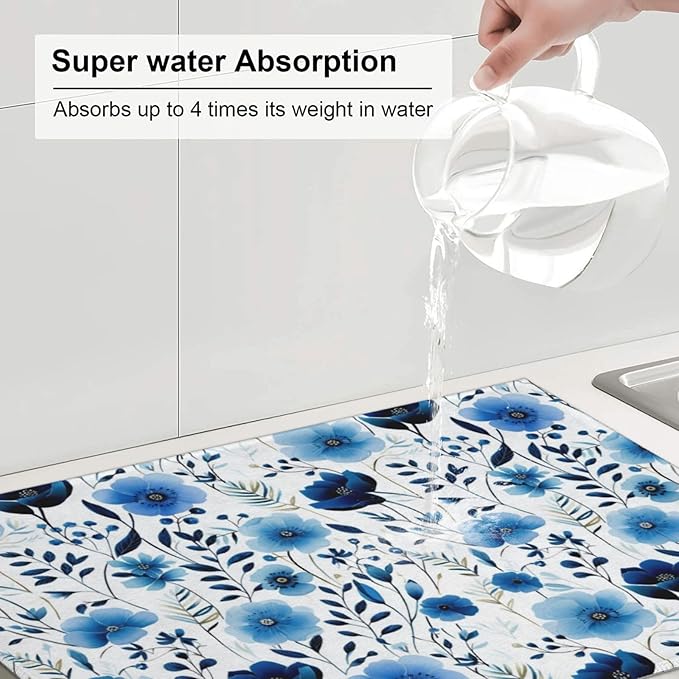 Blue White Floral Watercolor Dish Drying Mats, Absorbent Boho Blue Decorative Kitchen Counter Mat, Polyester, Absorption, Foldable, for Kitchen Dishes Utensils Small Appliances, Home Decor, 18" x 24"