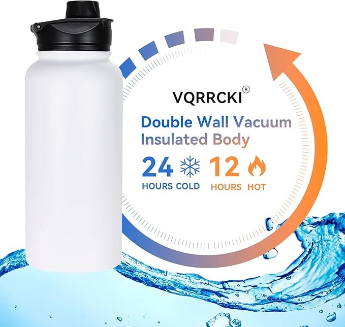 32 oz Insulated Water Bottle Bulk 4 Pack, Stainless Steel Sports Water Bottles with Straw Lid & Wide Mouth Lids, Double Walled Vacuum, Leak Proof, White