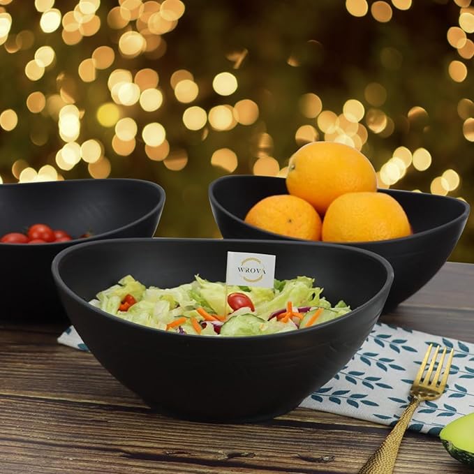 Wrova 65oz Big Wheat Straw Bowls - Large Salad Bowls set of 6 - Unbreakable Serving Bowls - Microwave & Dishwasher Safe - Oval Bowls for Cereal,Salad,Fruit - Pure Black