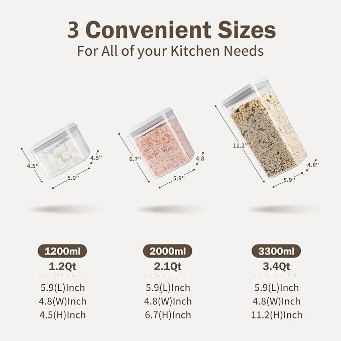 Pop Container Set, 3 Pcs Airtight Food Storage Containers with Lids for Kitchen Pantry Organization and Storage, 3.4Qt, 2.1Qt, 1.2Qt