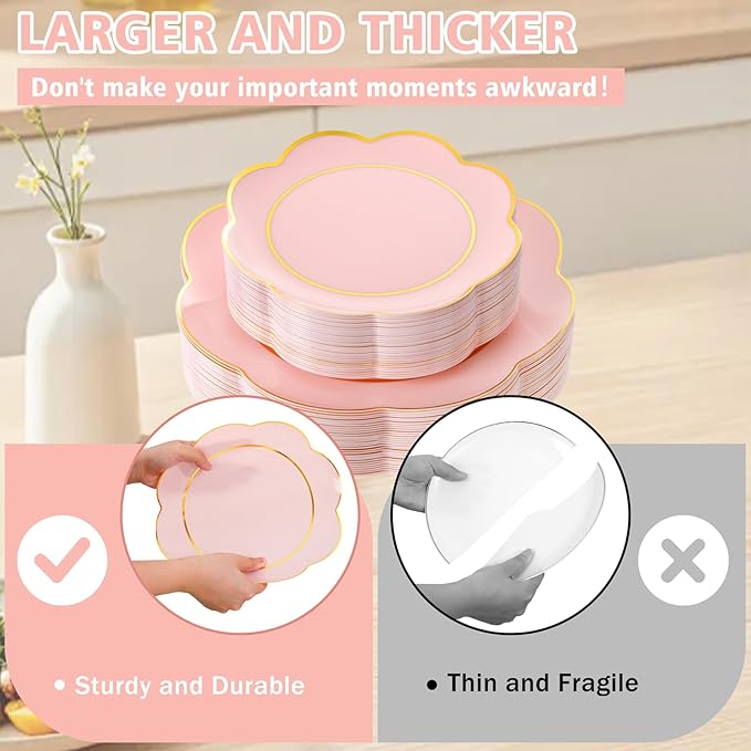 WONDERFUL 60pcs High-End Pink Plastic Plates - Disposable Heavy Duty Pink Plates with Gold Rim Plastic Disposable Plate for Party Wedding/Birthday/Bridal Shower/Upscale Banquet Suitable for 30 Guests