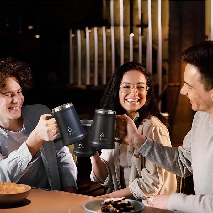 Ideus Insulated Beer Stein, 24/32oz Stainless Steel Double Walled Beer Mug Giant Bar Drinkware Metal Beer Cup with Big Grip Handle (34oz (1,000ml), Black)