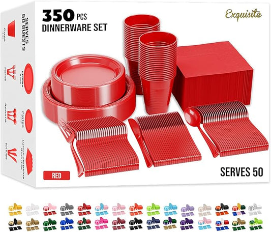 Party Solids 350 Pieces Red Plastic Plates For Party, Red Disposable Plates Set, 50 Of Each 9" Dinner Plate Set, 7" Dessert Plate, Cups, Napkins & Cutlery Plastic Dinnerware