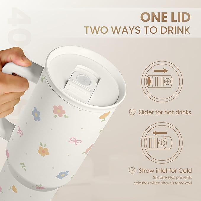 Floral 40oz Slider Tumbler with Handle and Straw - Insulated Stainless Steel Travel Coffee Mug for Women Girls, Gift for Birthday Christmas