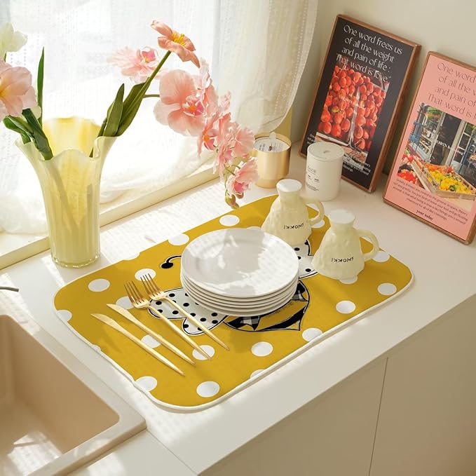Summer Dish Drying Mat 18 x 24 inch Yellow Bumble bee Polka Dots Decorative Drying Mats Microfiber Absorbent Dish Washable Draining Mat for Kitchen Counter Decor