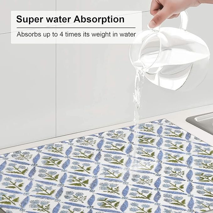 Boho Dish Drying Mat 18x24 Inches For Kitchen Counter Block Print Blue Floral Kitchen Decoration Drying Mat Modern Decorative Flower Drying Pad Mat for Home Kitchen Decor,Dining Room,Office