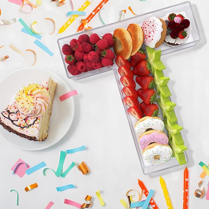 11" Acrylic Letter Charcuterie Box, Reusable Fillable Alphabet Number Shaped Form Tray for Birthday Anniversaries, Party Decorative Serving Plates Display Candy Cake (T)