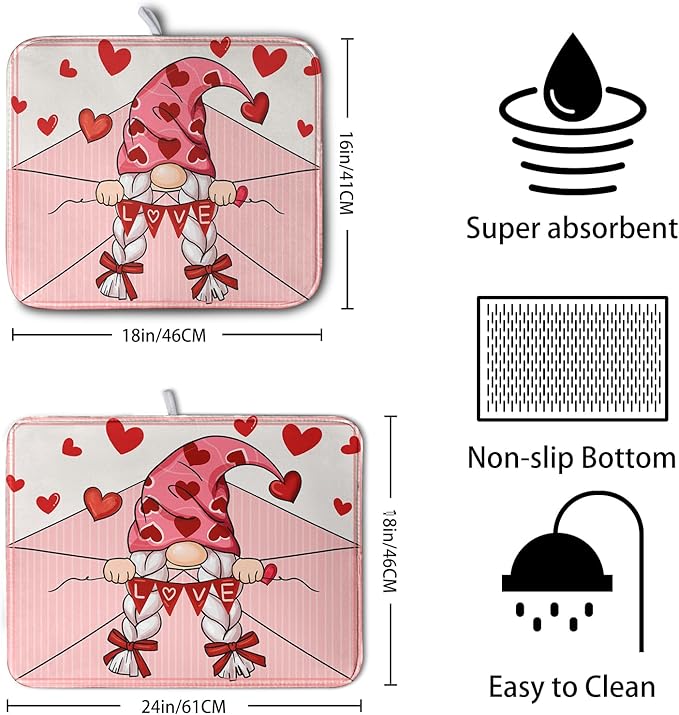 Valentine's Day Love Letter Dish Drying Mat for Kitchen Counter, Love Letter Gnome Absorbent Dish Pad Large Dish Drainer Mats for Countertop 18x24 Inch