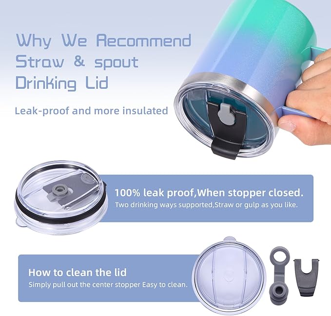 Volhoply 12oz Insulated Leakproof Coffee Mug with Flip & Straw Lid Bulk 2 Pack,Double Wall Vacuum Stainless Steel Travel Tumbler Cup with Handle,Camping Mugs Keep Cold/Hot(Purple Green,2 Set)