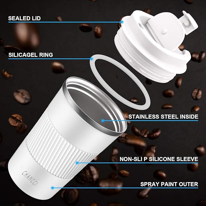Travel Coffee Mug Spill Proof Leakproof 16 oz Insulated Coffee Mug with Screw Lid, Stainless Steel Vacuum Tumbler Reusable Thermal Coffee Cup to go for Hot and Cold Drinks -510ml, White