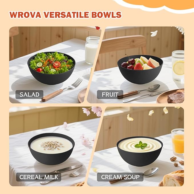 Wrova 40oz wheat straw bowls set of 4,unbreakable ramen bowl set with cover,alternative plastic bowls with cover for kitchen,party,camping and picnic. Black