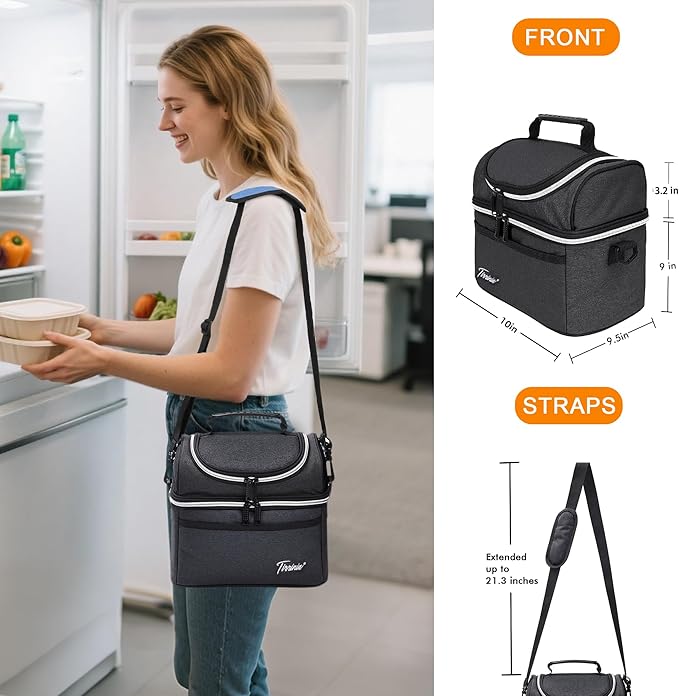 Tirrinia Reusable Lunch Box for Men Women, Insulated Lunch Bag Adult Work, Double Decker Leakproof Lunchbox for Office Picnic Beach—Dual Compartment Lunch Cooler Bag,Black