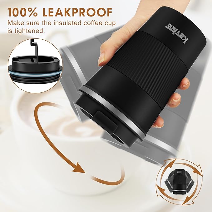 KETIEE Travel Mug 12oz, Vacuum Insulated Coffee Mug with Leakproof Lid, Travel Coffee Tumbler Stainless Steel Double Walled Reusable Coffee Cup for Hot and Iced Coffee Tea Water (Black)