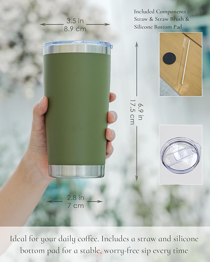 Travel Coffee Tumbler 20oz, 1 Pack Leakproof Travel Coffee Mug with Lid and Straw, Stainless Steel Double Wall Vacuum Insulated Tumbler for Hot/Iced Drinks (Textured Matte, Army Green)