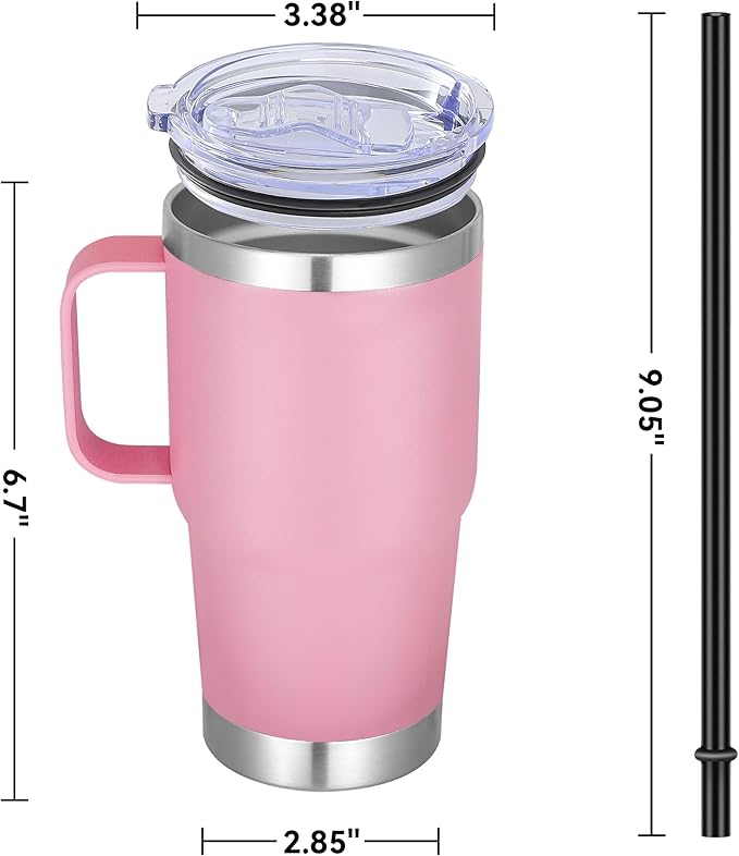 20 oz Stainless Steel Tumbler with Handle Bulk Metal Insulated Tumblers Travel Coffee Mug with Handle Double Wall Tumbler Cup with Lid and Straw, Pink 12 Pack