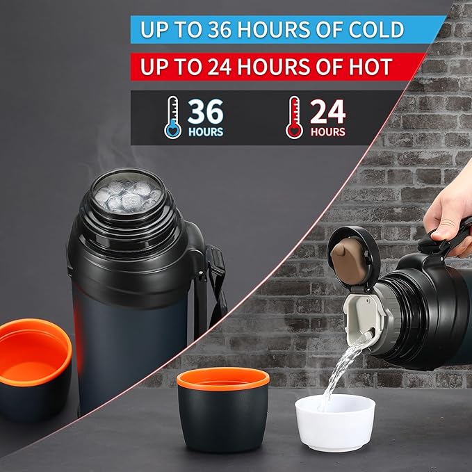 64oz/Half Gallon Large Coffee Thermoses for Travel - Insulated Water Jug Classic Vacuum Bottle with Plastic Cup - 2.0L Stainless Steel Vacuum Insulated Beverage Bottle for Hiking Fishing（Blue）